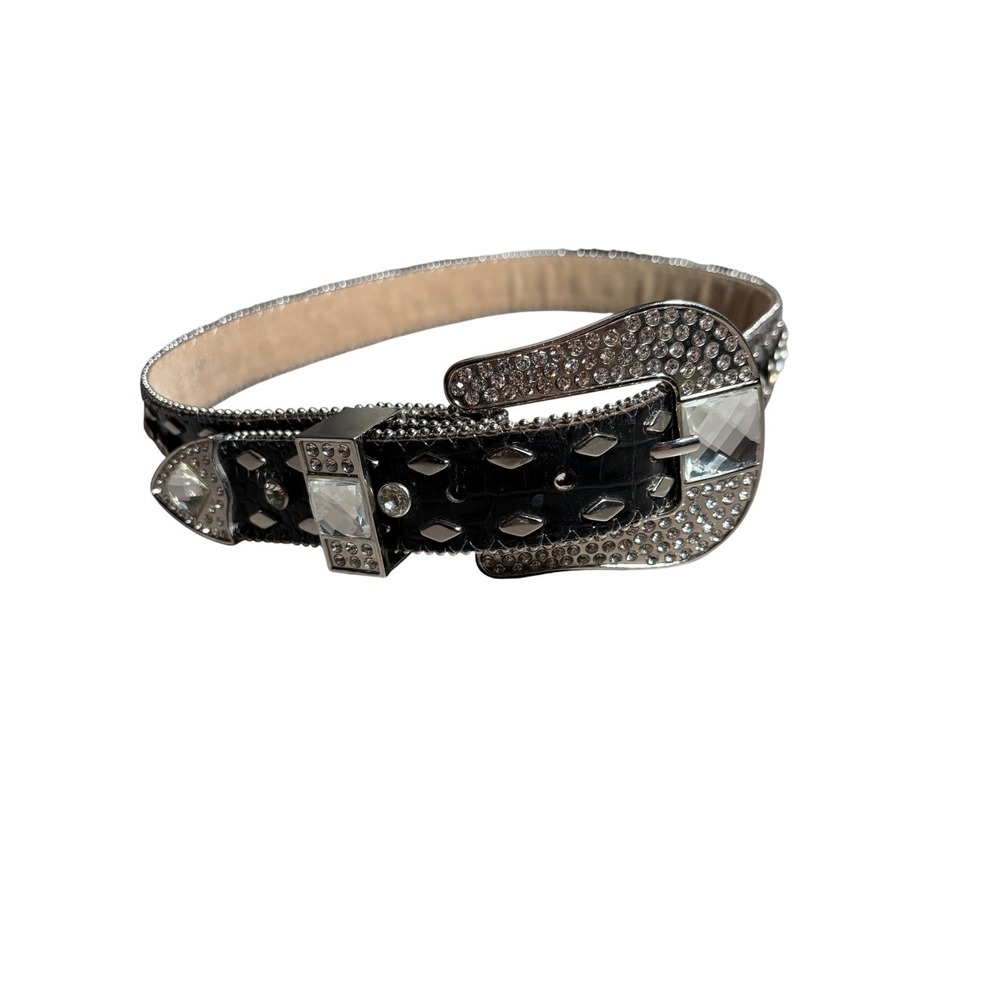 Womens Croc Rhinestone Western Belt Silver Studded Bling Buckle Small Rodeo Y2K